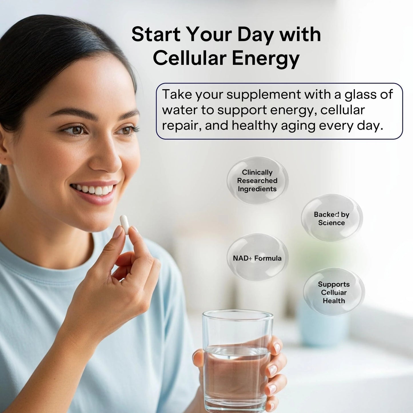 Woman taking a white capsule with water for cellular energy and NAD+ support