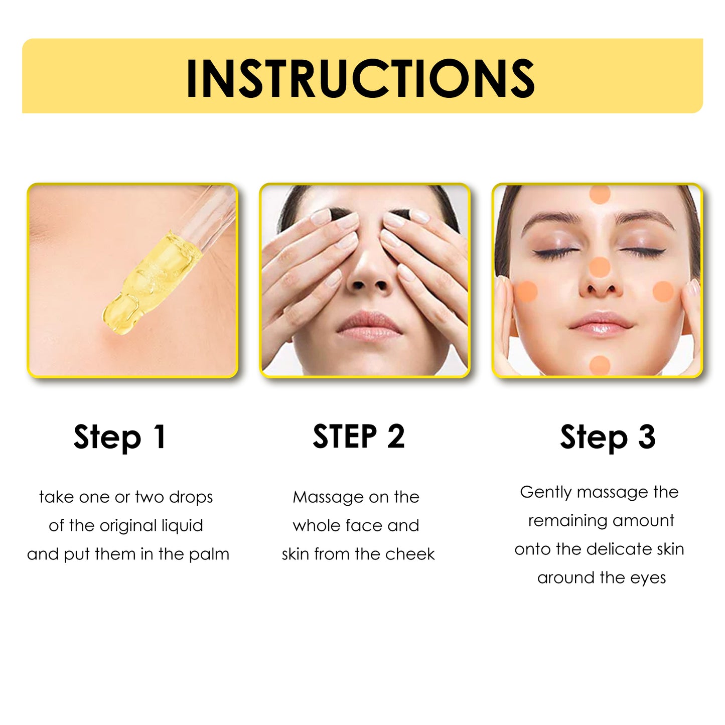 Retinol firming serum application instructions card with step diagrams for face