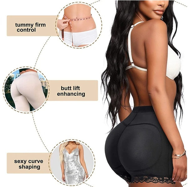 Black padded butt-lifting shapewear shorts with lace hem, high waist
