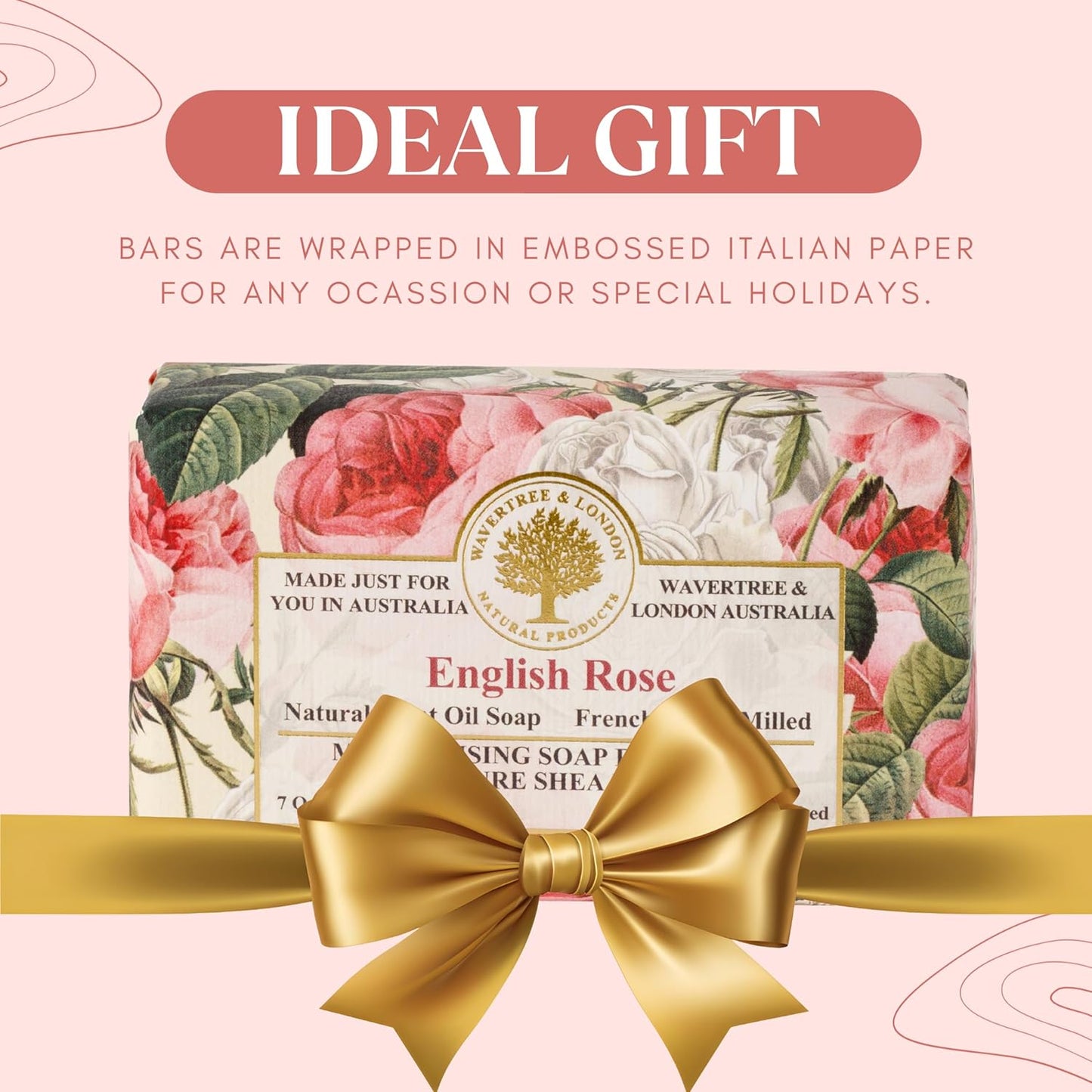 English Rose soap bar gift pack with gold bow on floral wrapped bars