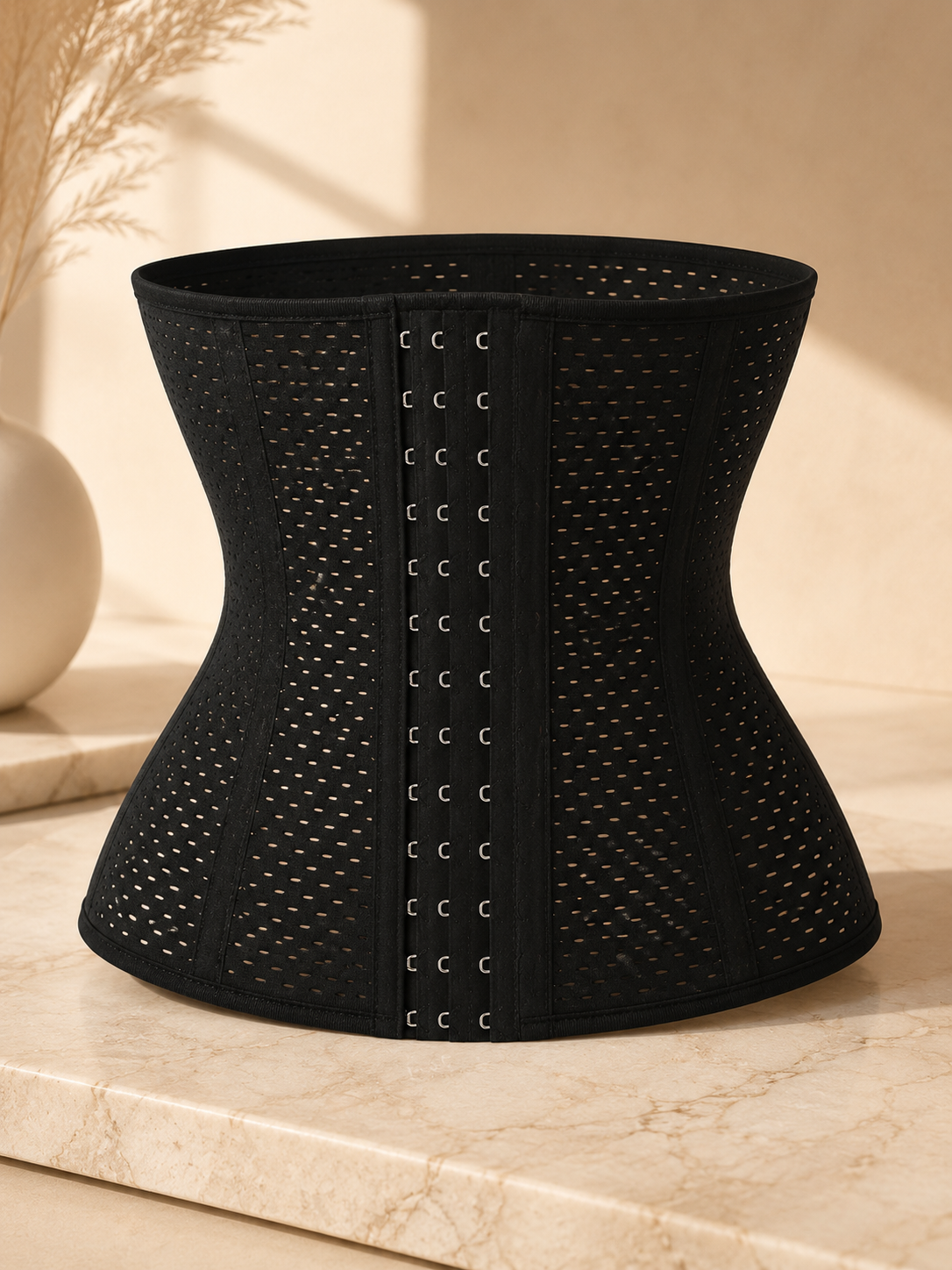 Black underbust corset with perforated panels and steel-boned center front
