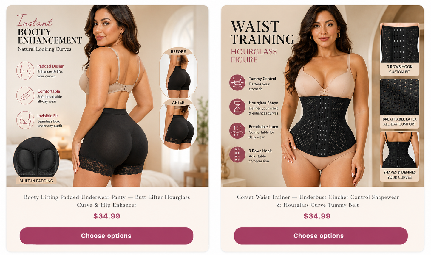 Beige padded underwear panty and black corset brief shown side-by-side