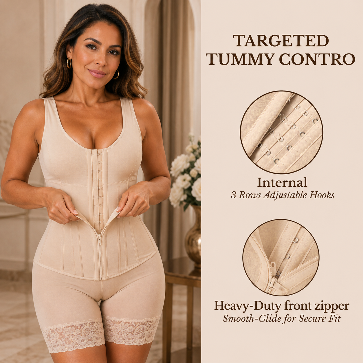 Beige overbust shapewear with front zipper and lace-trimmed legs