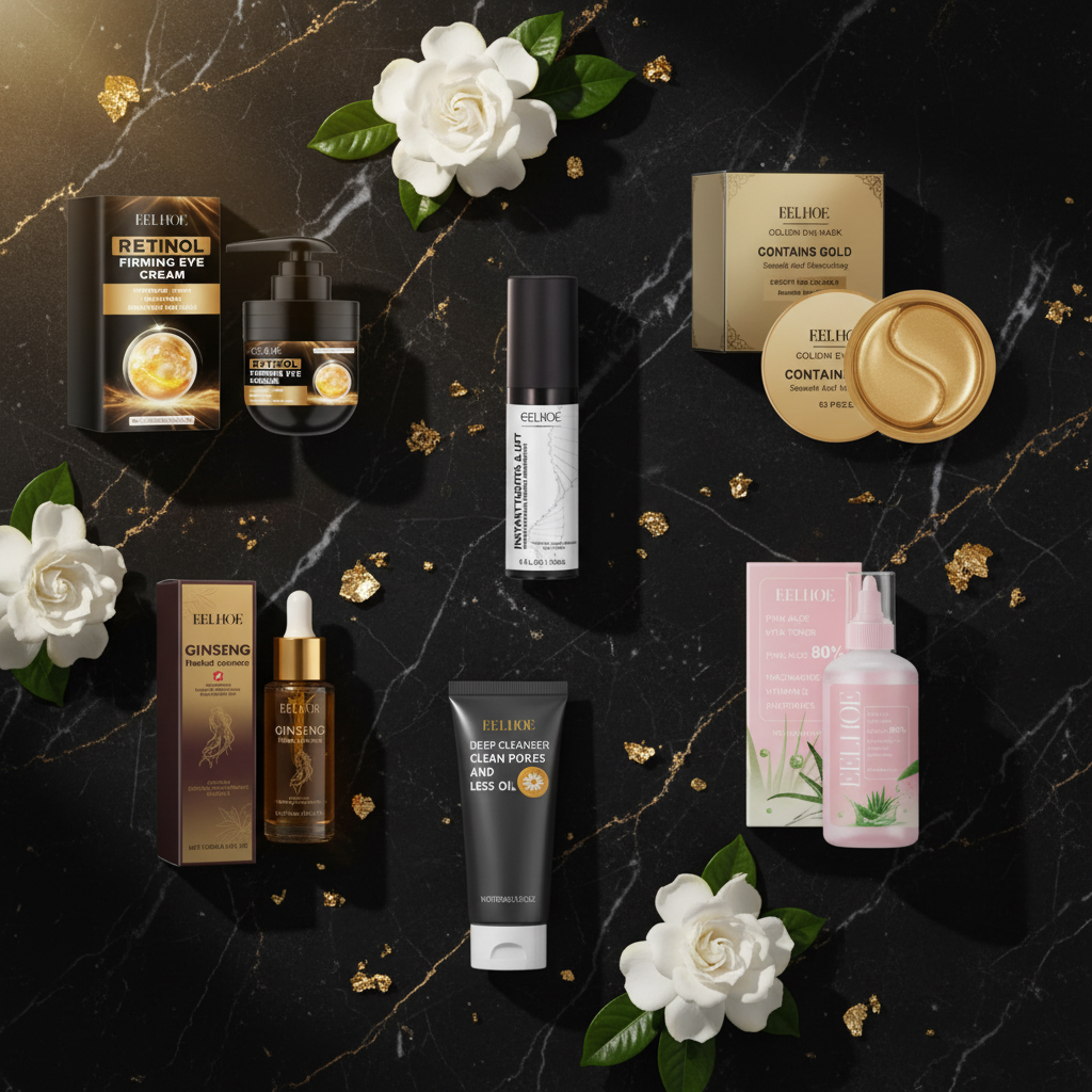 Anti-aging nighttime skincare set with creams, cleanser, serum, and toner bottles
