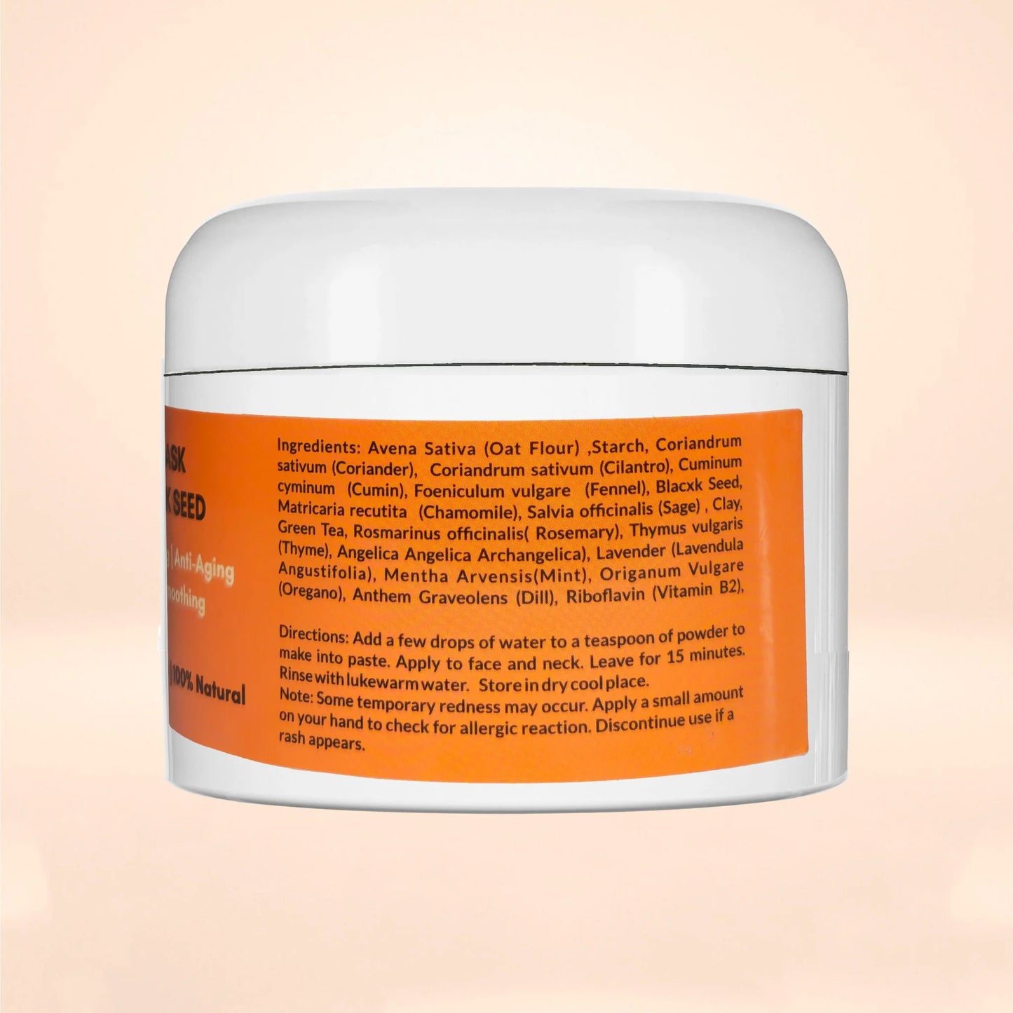 Ingredients and directions panel on Black Seed clay face mask jar, Made in USA