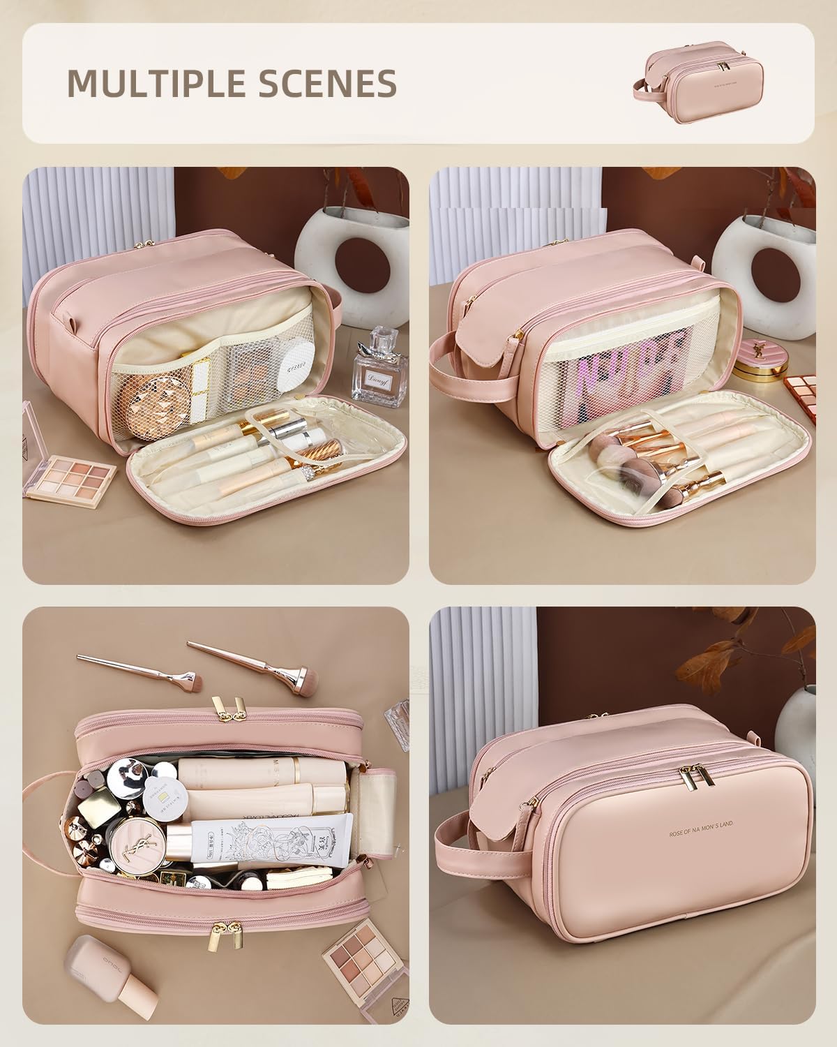 Pink travel makeup organizer bag with zip compartments and tools inside