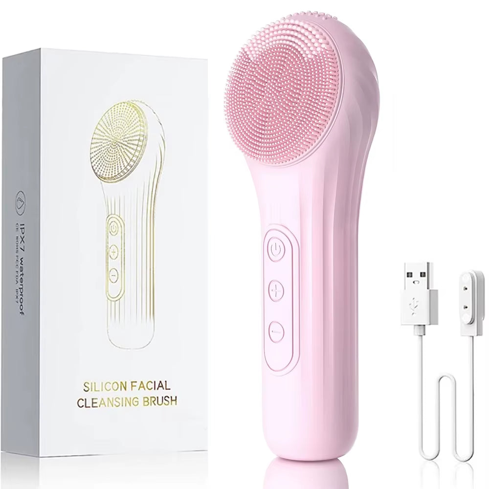 Pink rechargeable silicone facial cleansing brush with round sonic bristles