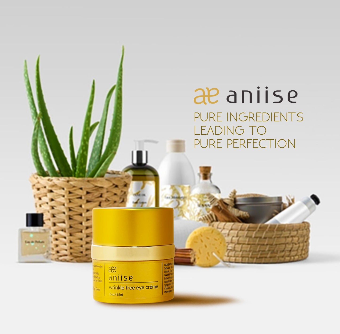 Wrinkle free eye crème jar with yellow body and gold lid, aniiise, with natural ingredients