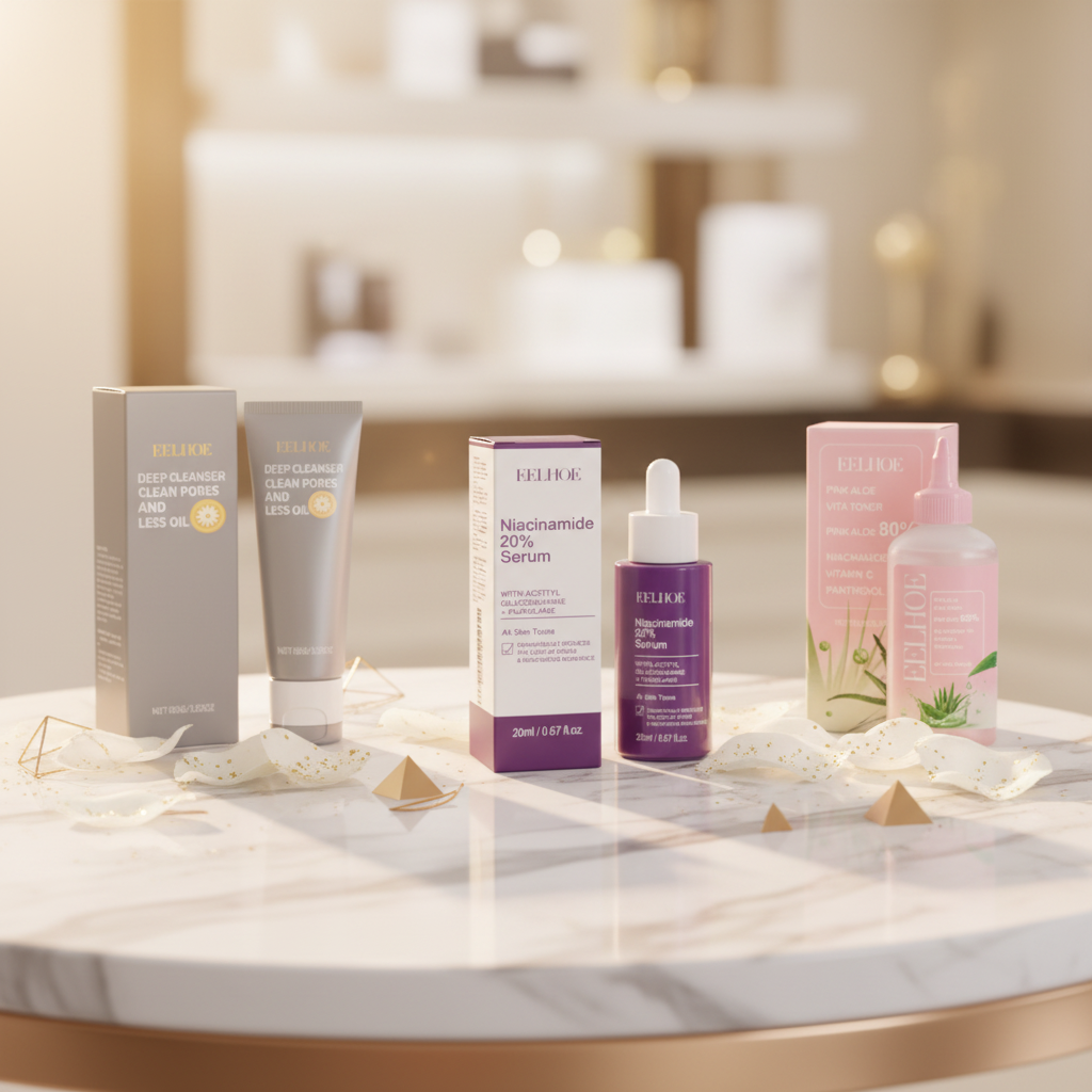 Starter Glow Kit skincare set with cleanser, niacinamide serum, and face oil bottles