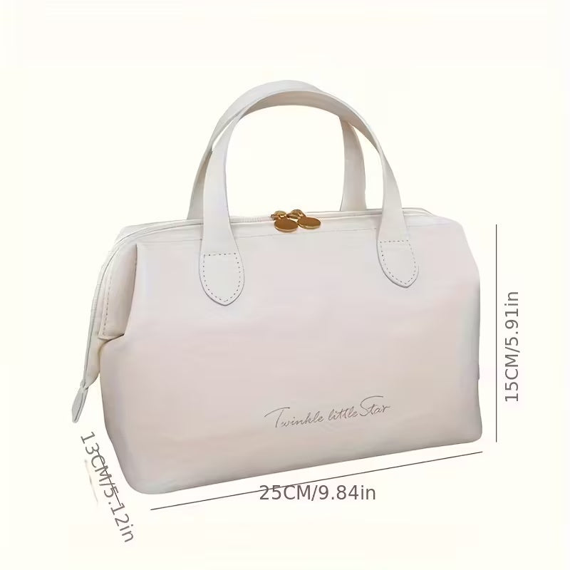 Cream beauty organizer bag; 25cm wide and 15cm high, top zipper and handles