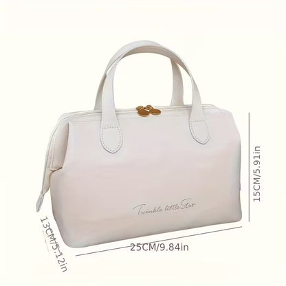 Cream beauty organizer bag; 25cm wide and 15cm high, top zipper and handles