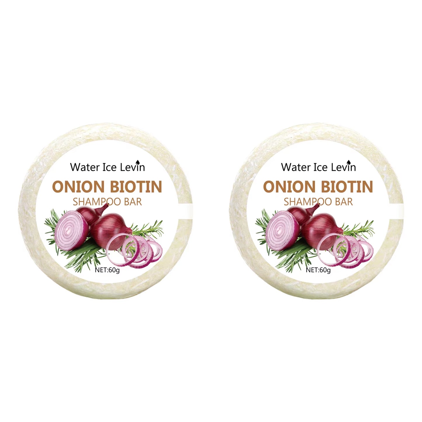 Onion biotin shampoo bar set, two solid beige circular soaps with onion graphics