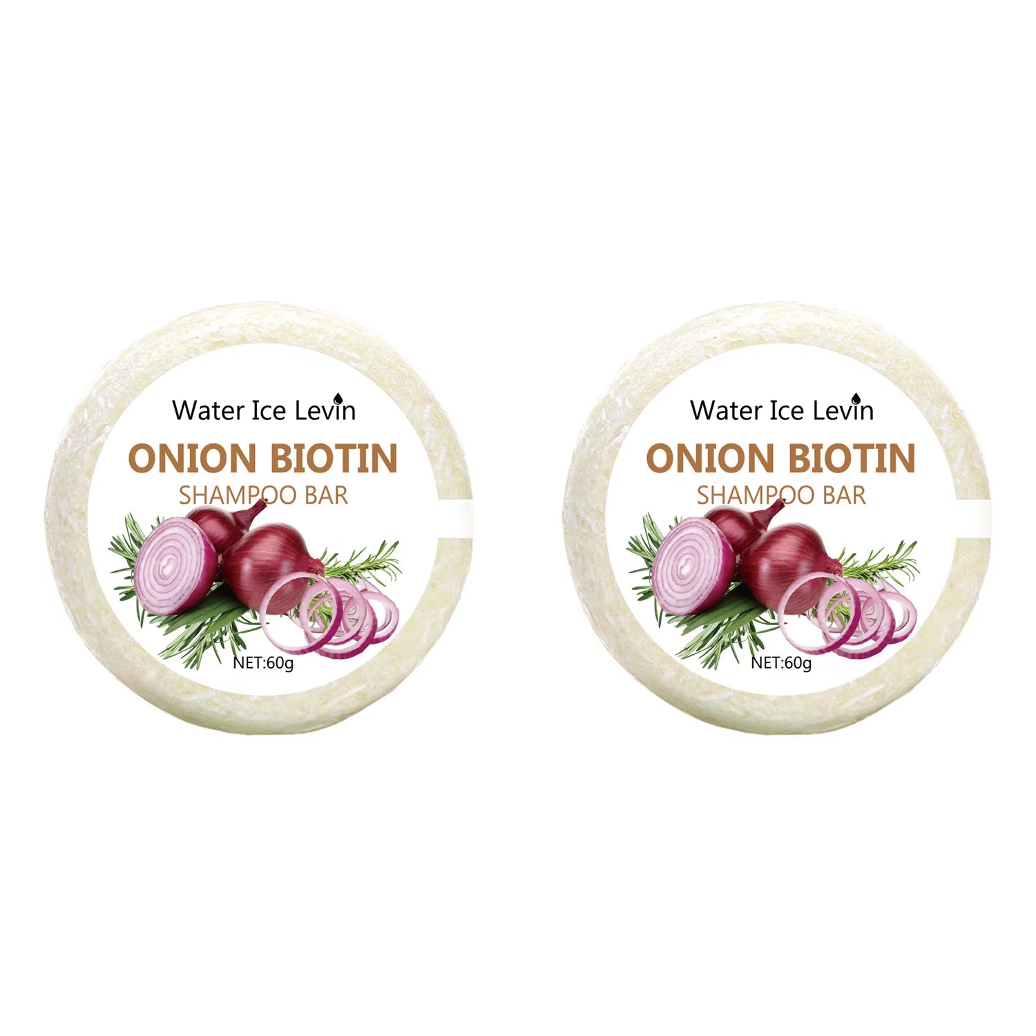 Onion biotin shampoo bar set, two solid beige circular soaps with onion graphics