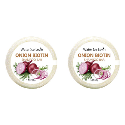 Onion biotin shampoo bar set, two solid beige circular soaps with onion graphics