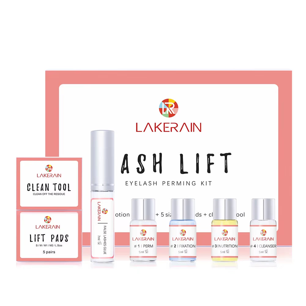 Ash Lift eyelash perming kit with lifting bottle, lotions, and cleanser bottles