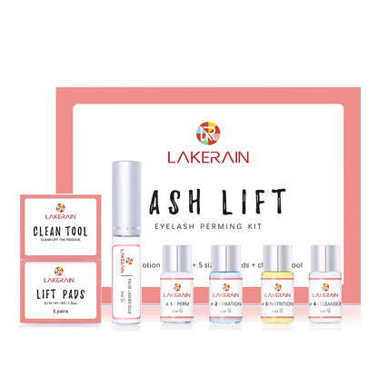 Ash Lift eyelash perming kit with lifting bottle, lotions, and cleanser bottles