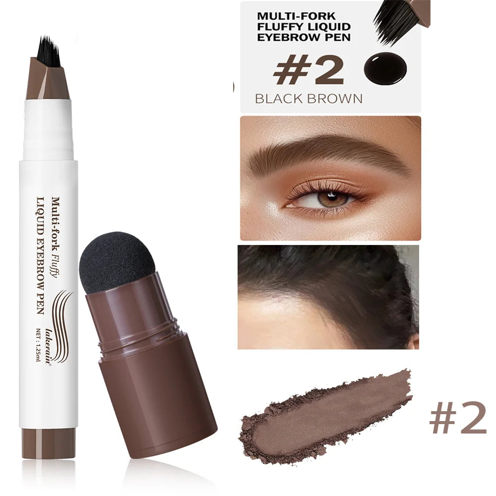 Multi-fork fluffy eyebrow pen #2 black brown: pen, brush tip, and swatch