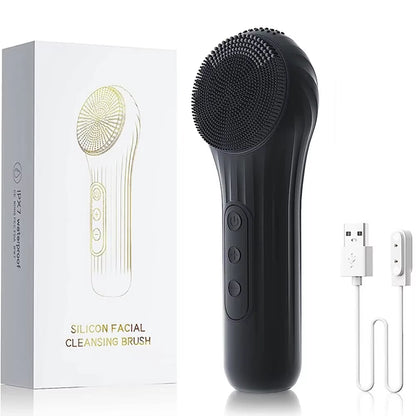 Black rechargeable silicone facial cleansing brush with round sonic bristles and buttons