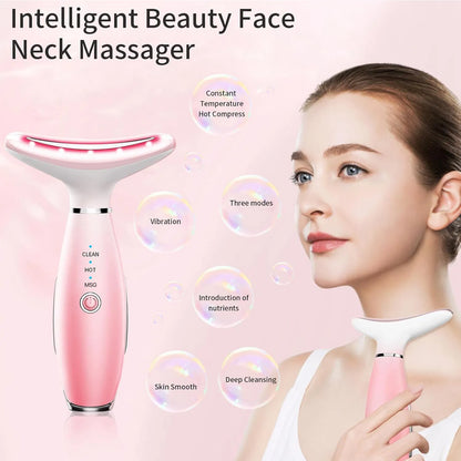 Pink face and neck massager with three modes and heated vibration head