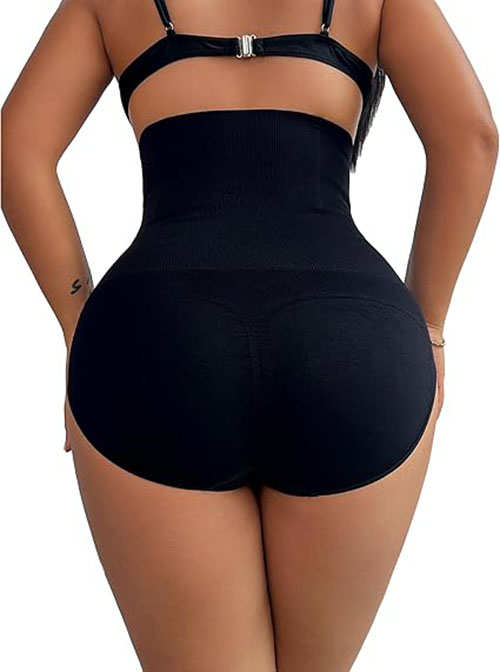 Black high-waist shaping panty with full back coverage and contoured rear fit.