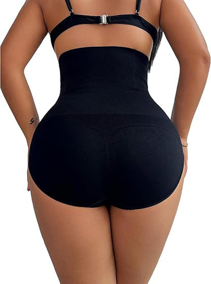 Black high-waist shaping panty with full back coverage and contoured rear fit.