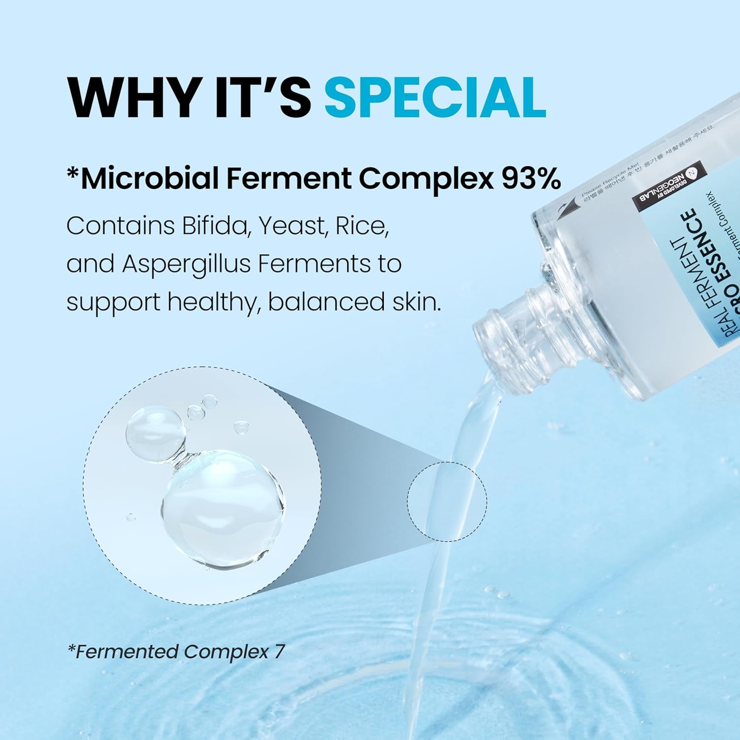 Real Ferment Micro Essence bottle pouring blue droplets for micro-essence hydration
