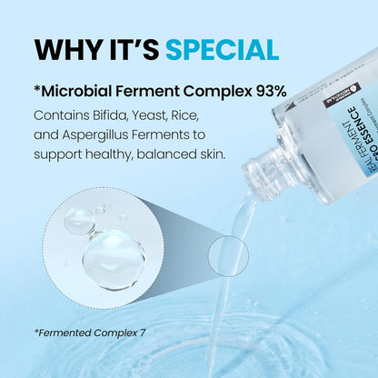 Real Ferment Micro Essence bottle pouring blue droplets for micro-essence hydration