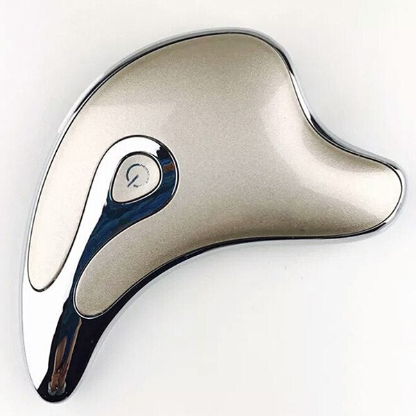 Metallic gold electric facial massager gua sha tool with heart control icon