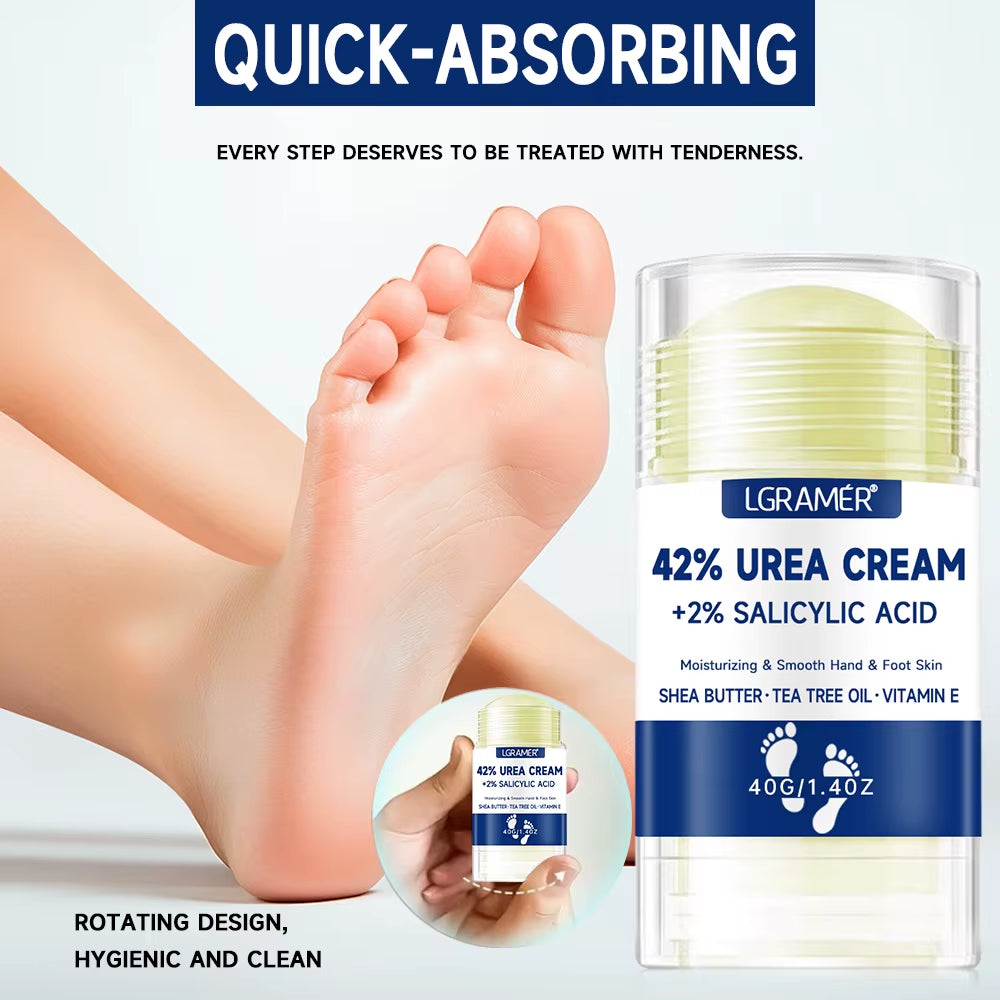 Urea foot cream on a bare foot and toes with jar beside it