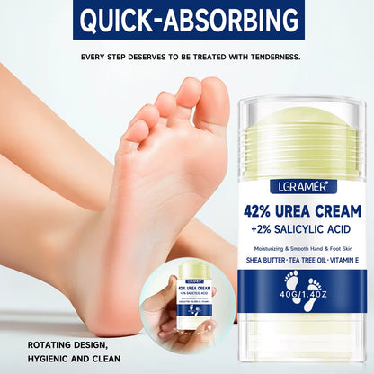 Urea foot cream on a bare foot and toes with jar beside it