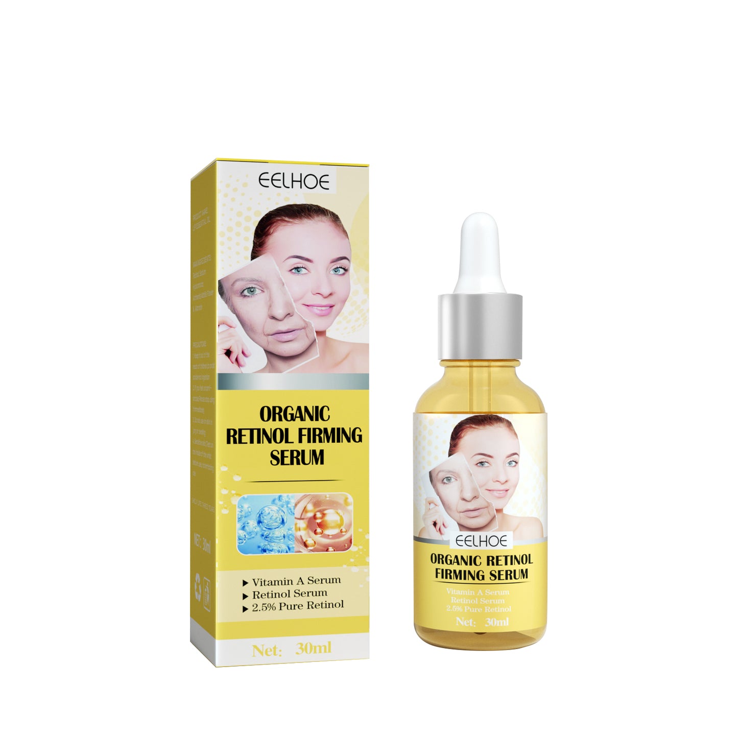 Retinol firming serum box and dropper bottle with gold-amber liquid