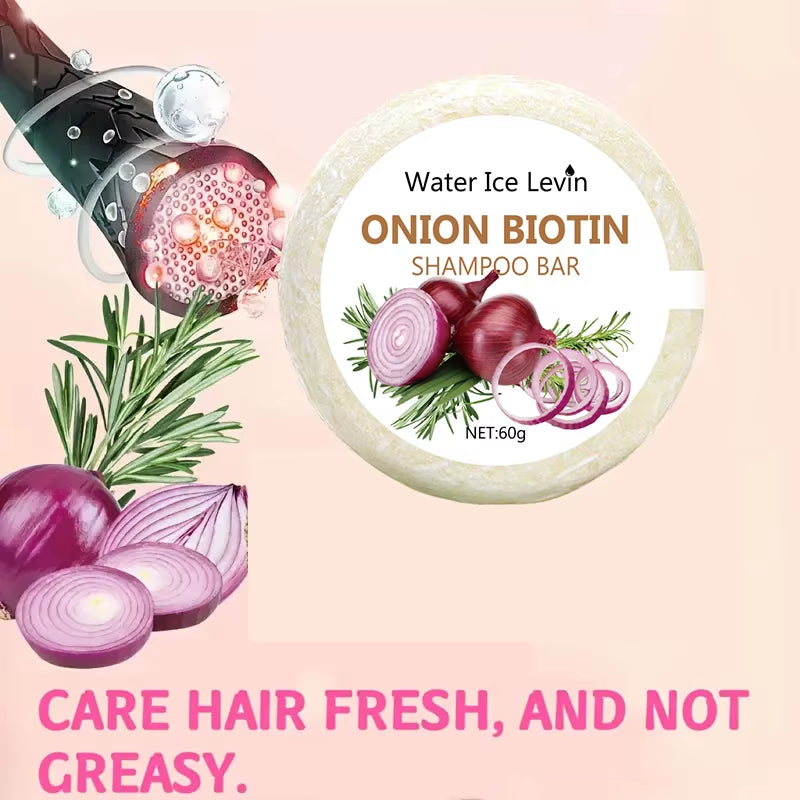 Onion biotin shampoo bar, solid beige circular soap with onion and rosemary graphics