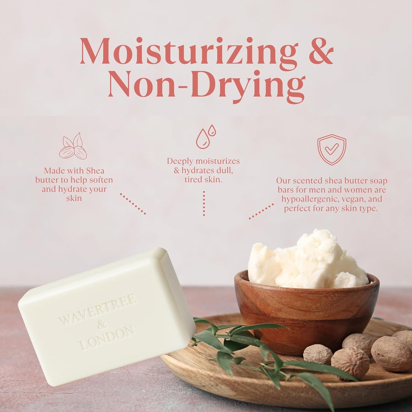 English Rose moisturizing soap bar with creamy soap pieces in a wooden bowl