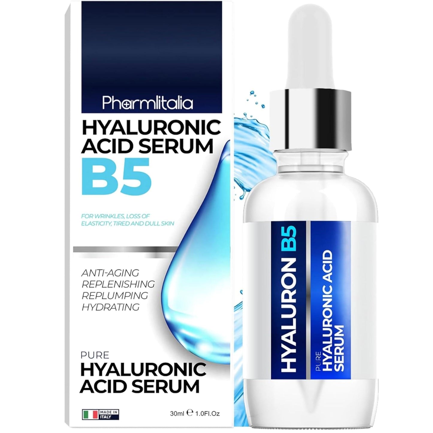 Hyaluronic acid serum with B5 in glass bottle and boxed package