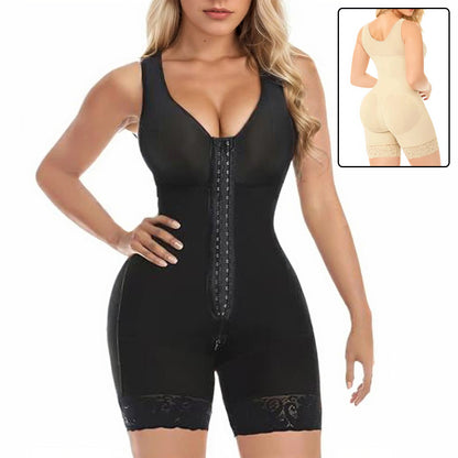 Black full body tummy control shaper with front zipper panel and lace at leg openings