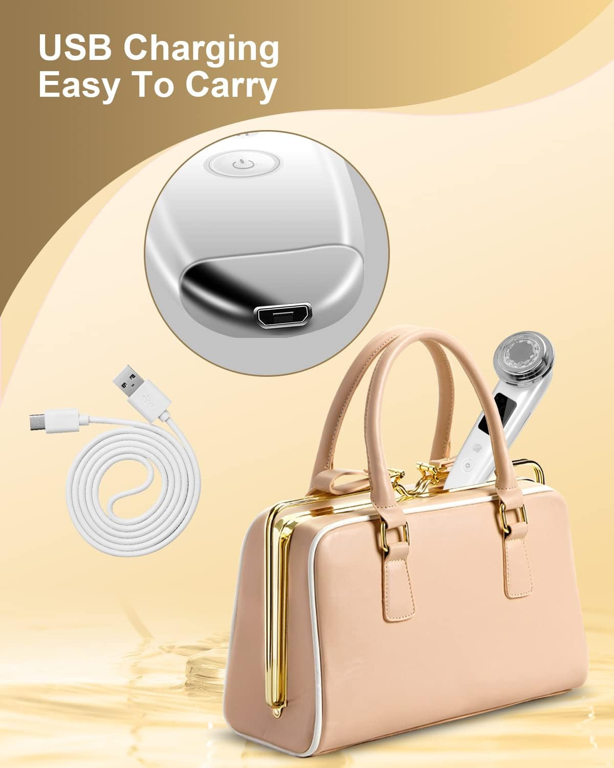 White electric face massager showing USB charging port on the handle