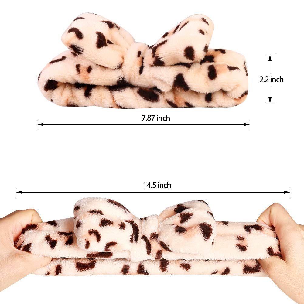 Leopard-print plush bow headband, curved band with bow knot; size 7.87 in