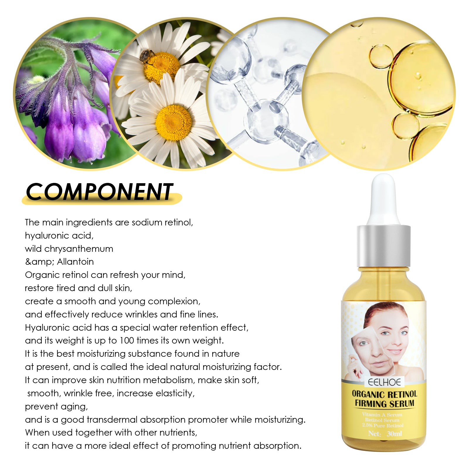 Retinol firming serum bottle with dropper and component-style ingredient icons