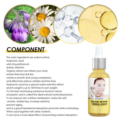 Retinol firming serum bottle with dropper and component-style ingredient icons
