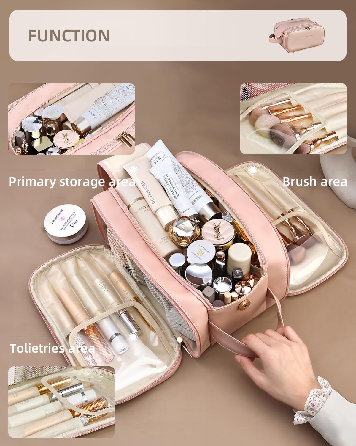 Pink makeup organizer bag with multiple storage sections and a brush area