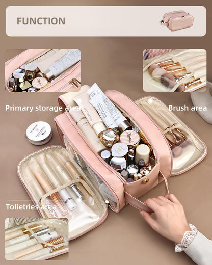 Pink makeup organizer bag with multiple storage sections and a brush area