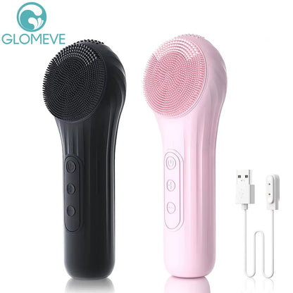 Black and pink rechargeable silicone facial cleansing brushes with round sonic bristles