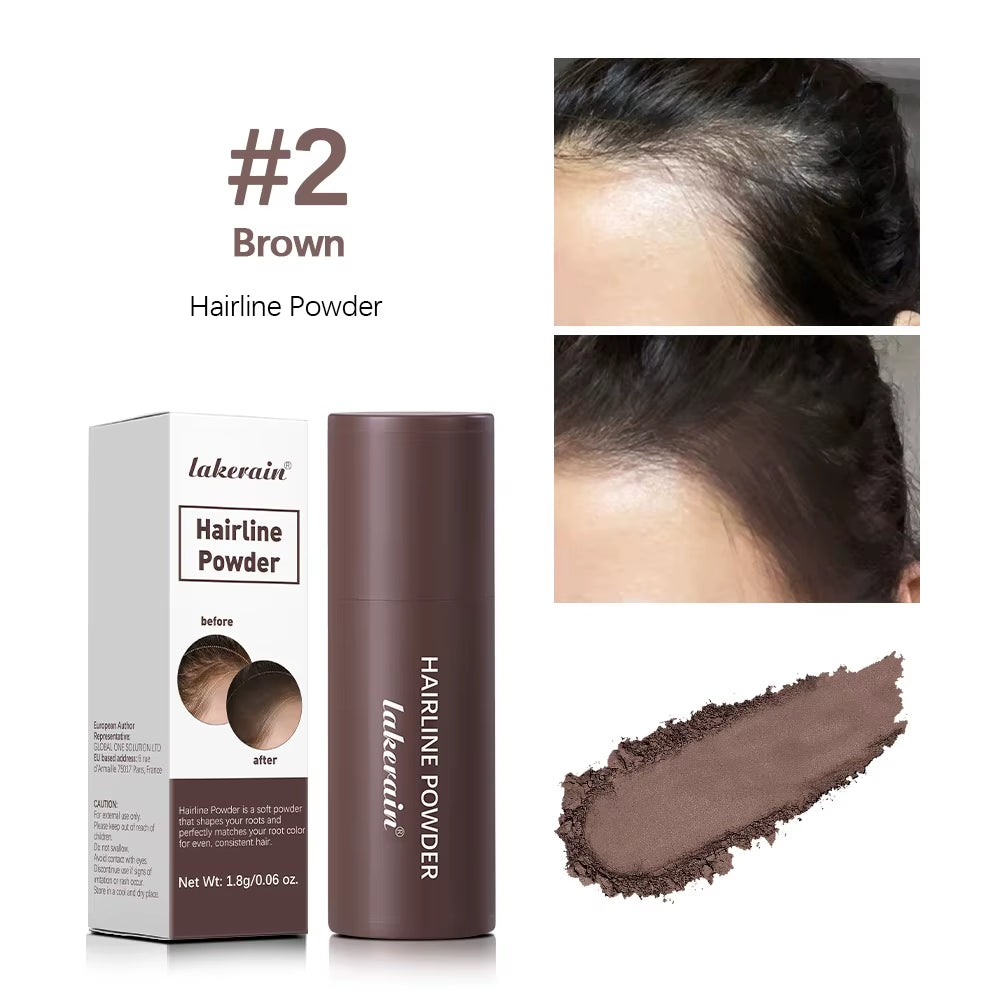 Hairline powder #2 Brown: packaging, bottle, brown swatch, and hairline before/after photos