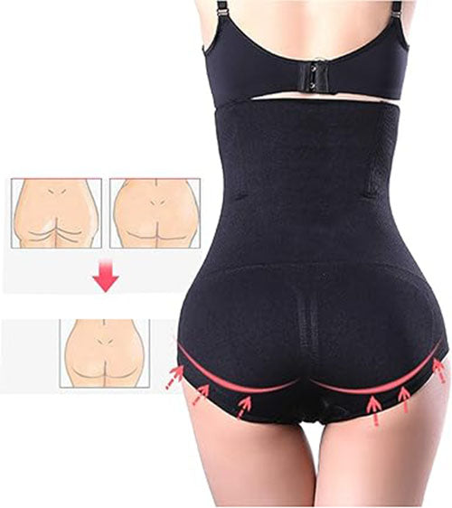 Black high-waist control panty with front hook-and-eye closure and reinforced panel.
