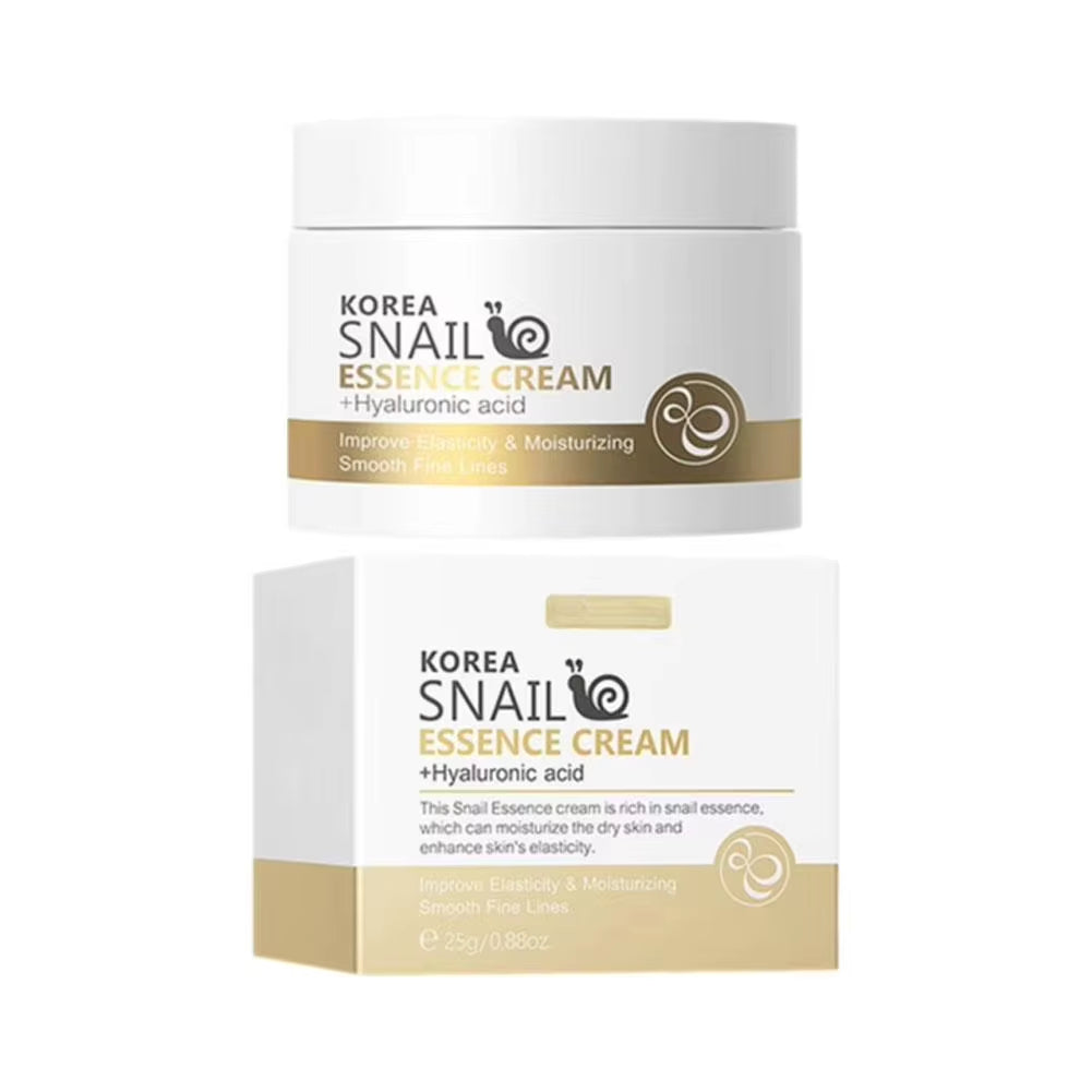 KOREA SNAIL ESSENCE CREAM jar and matching box with gold band detail.