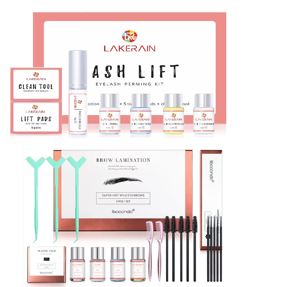 Eyebrow and eyelash lift kit with lash bottles plus brow lamination tools and wands