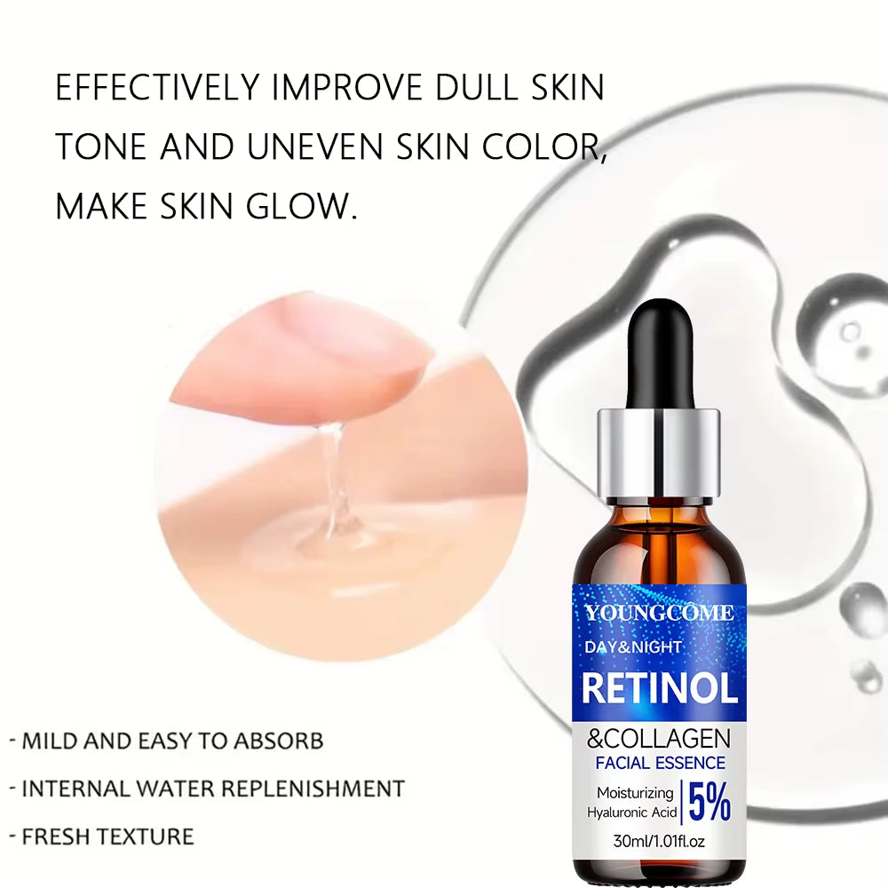 Retinol & collagen facial essence dropper bottle with amber glass and blue label