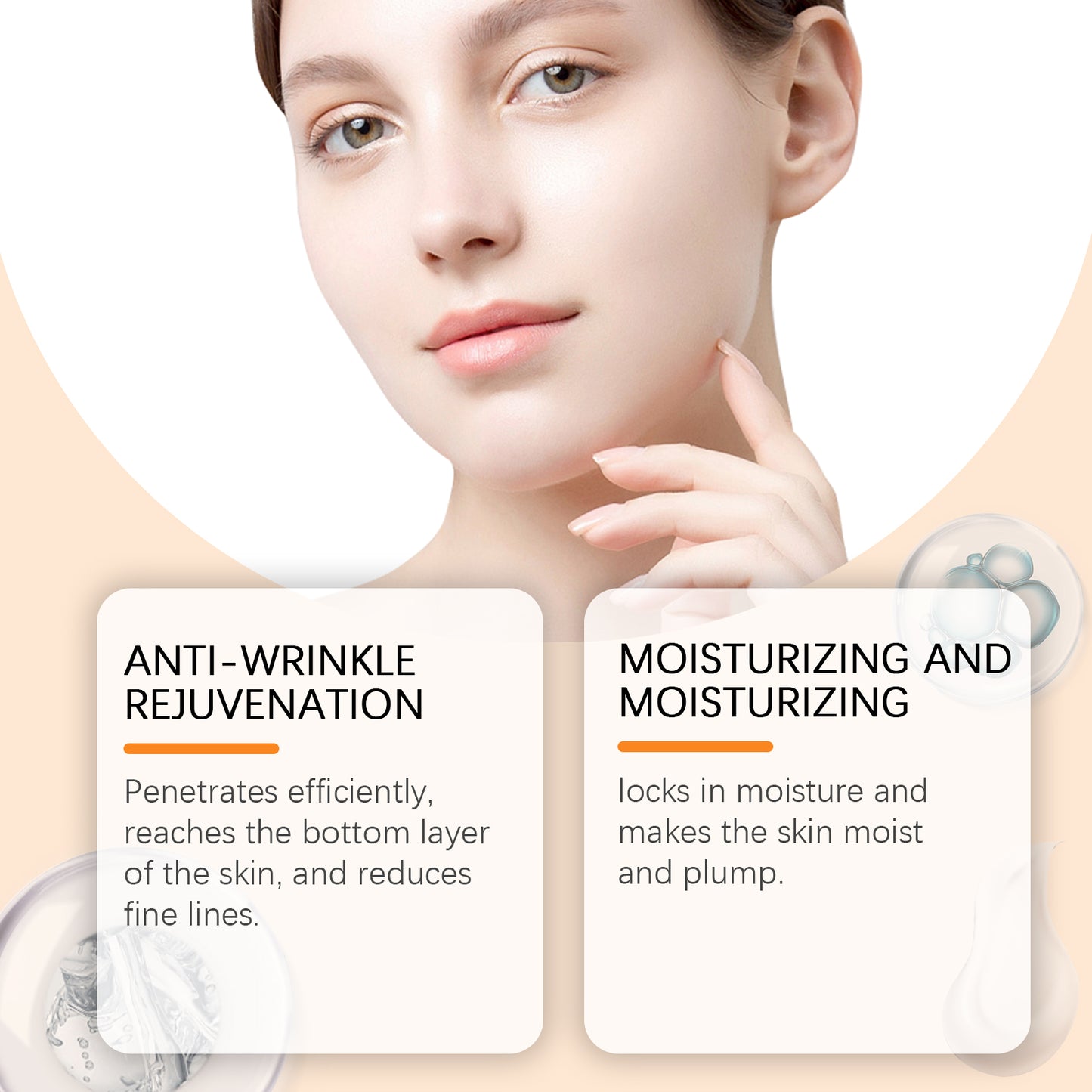 Vitamin C and retinol serum anti-wrinkle and moisturizing text cards with face model