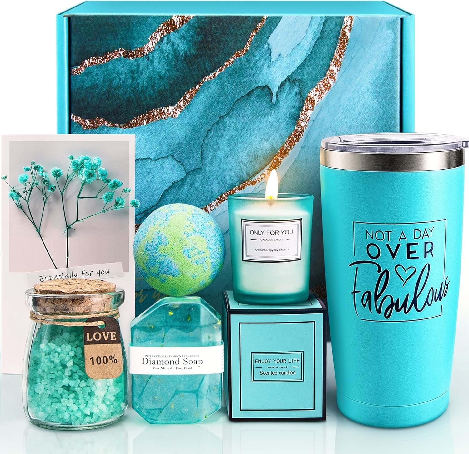 Spa gift basket set, 6 pieces: teal tumbler candle, soap, bath salts, bath bomb, box