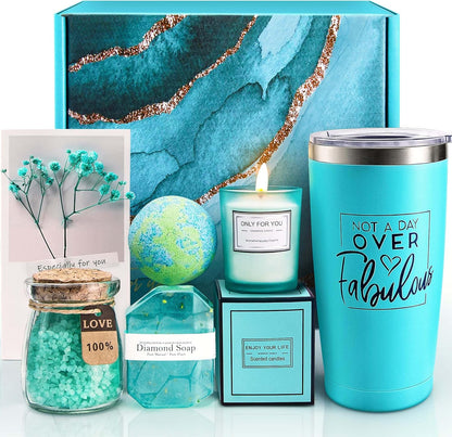 Spa gift basket set, 6 pieces: teal tumbler candle, soap, bath salts, bath bomb, box
